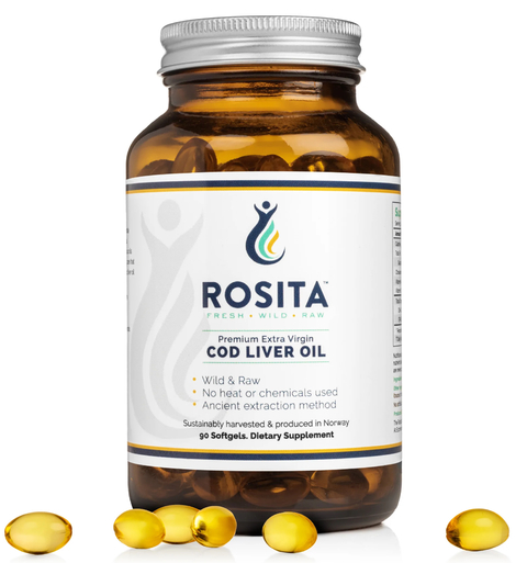 Rosita Extra Virgin Cod Liver Oil Softgels, Suplemento Alimentar Premium, Puro Óleo Extra Virgem de Fígado de Bacalhau, Made in Noruega