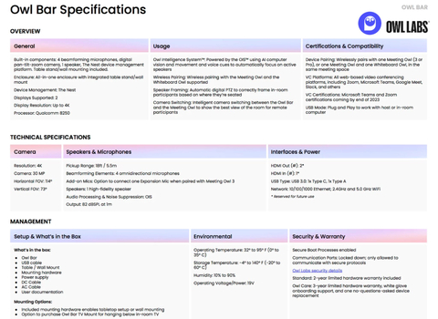 Owl Labs Meeting Owl 3 360° 1080p + OWL BAR 4K Frontal + Expansion Mic , Sistema Multi-Câmera de Videoconferência Inteligente on internet