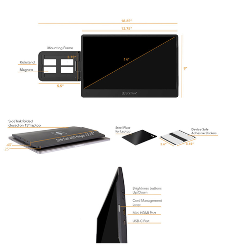 SideTrak Swivel 14" Attachable Portable Monitor for Laptop Duplo Monitor Tela Adicional Acoplável com Suporte - Loja do Jangão - InterBros