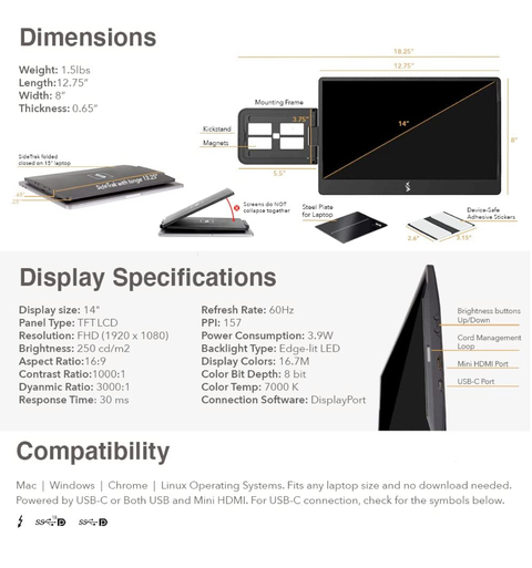 SideTrak Swivel 14" Attachable Portable Monitor for Laptop Duplo Monitor Tela Adicional Acoplável com Suporte - loja online