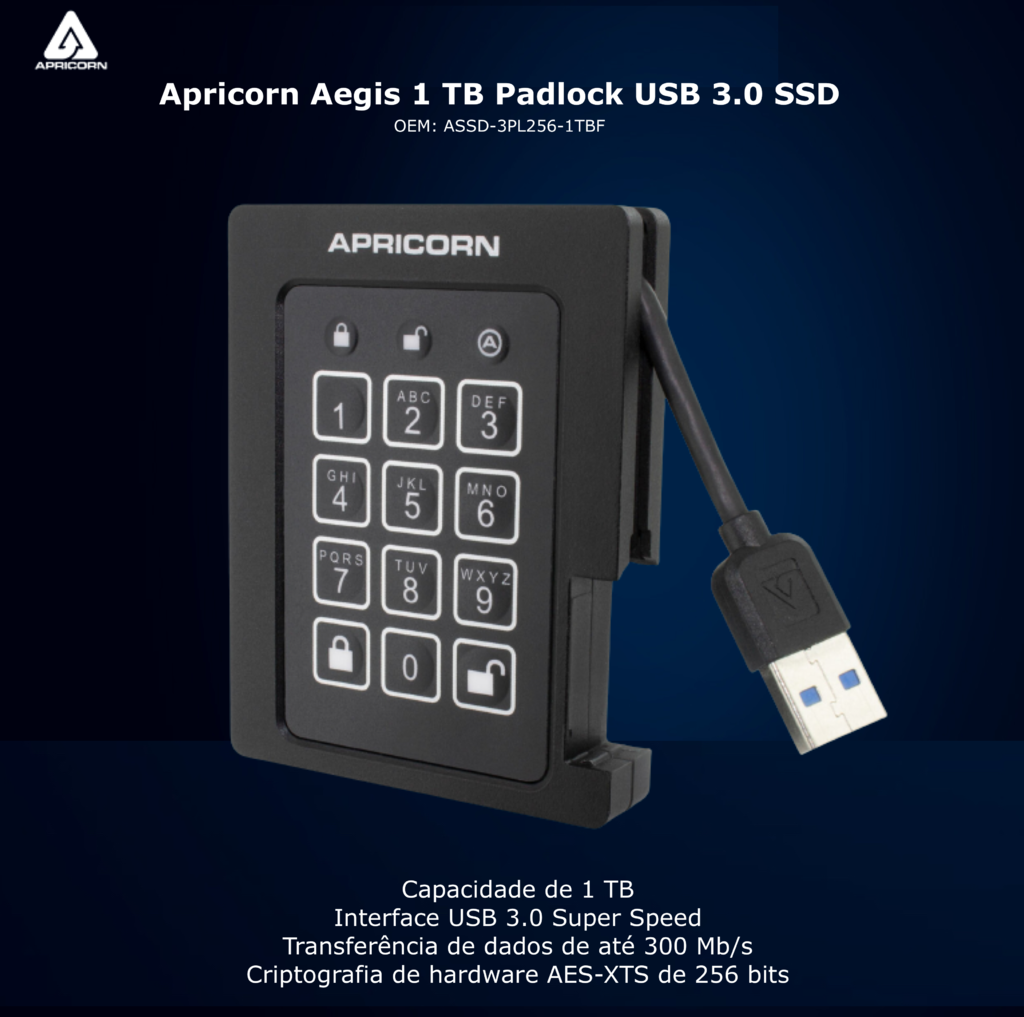 Apricorn Aegis 1 TB Padlock | SSD Portátil | USB 3.0 Robusto | Aegis Padlock FIPS 140-2 256-Bits | Criptografia de Grau Militar - comprar online