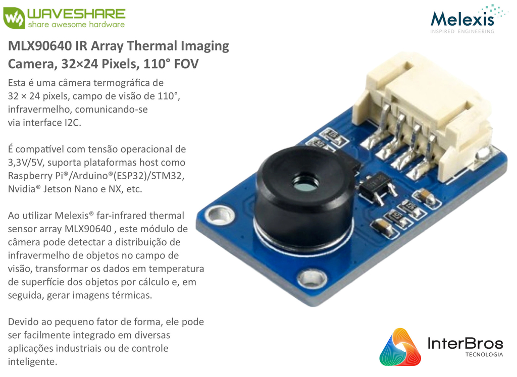 Waveshare MLX90640 IR Array Thermal Imaging Camera, 32×24 Pixels, 110° FOV , Módulo Câmera Termográfica , Compatível com Raspberry Pi - buy online