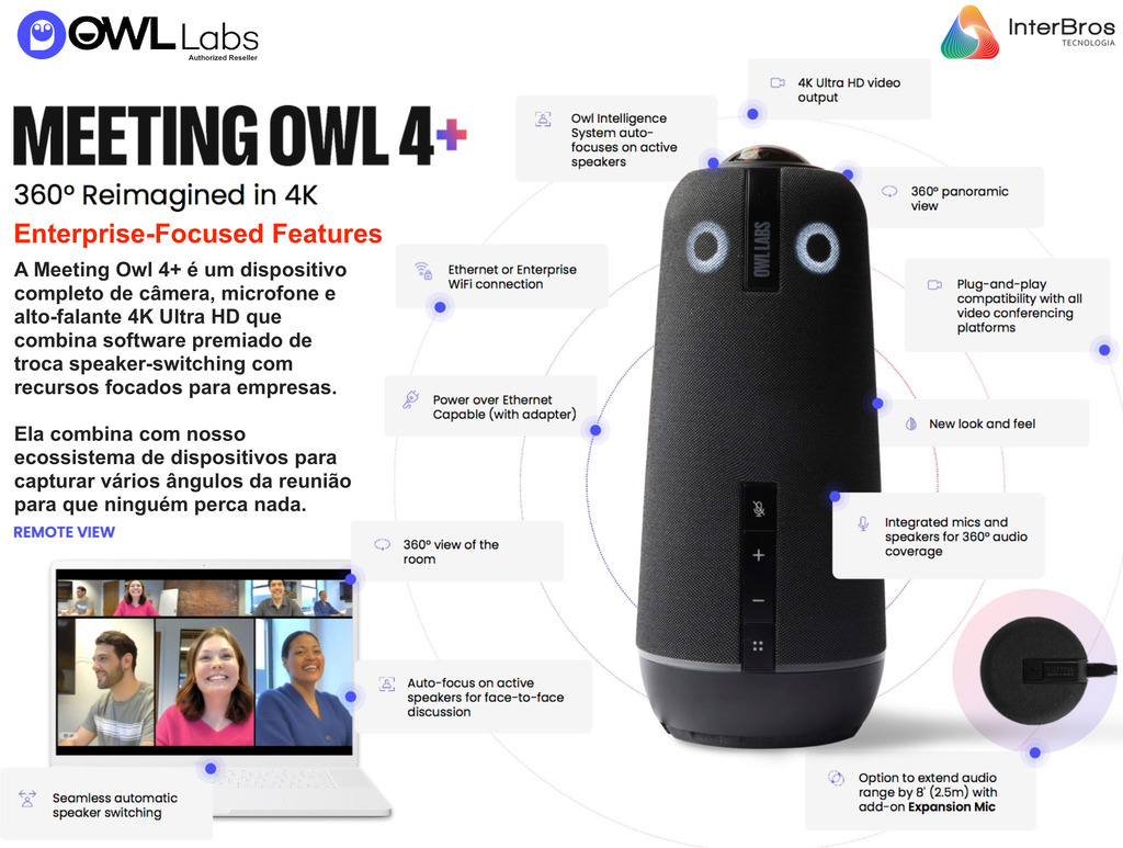 Owl Labs Meeting Owl 4+ 4K Ultra HD 360º, Câmera de Videoconferência I.A. , Silent Switching , recurso The Nest , Áudio Surround 360º - Loja do Jangão - InterBros