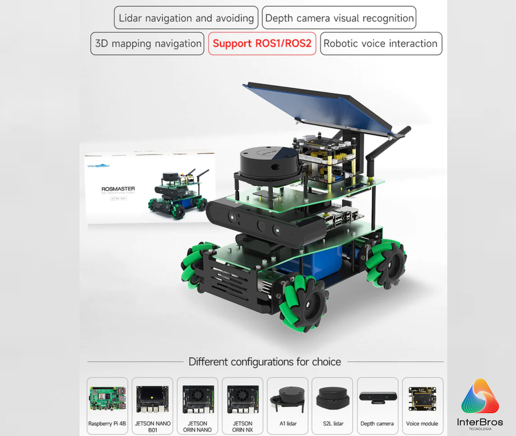 Yahboom ROSMASTER X3 ROS2 Robot with Mecanum Wheel, NVIDIA Módulo Jetson Orin NX 8GB , ORIN NANO ou Raspberry Pi - Loja do Jangão - InterBros