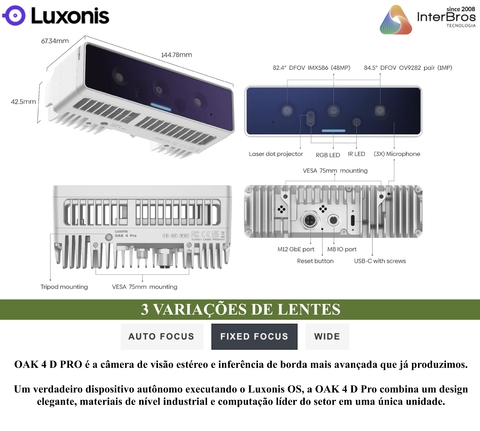 Luxonis OAK 4 D PRO , 48MP , IMX586 , RGB camera , Visão Robótica Noturna , Sistemas Automatizados , Auto Focus - comprar online