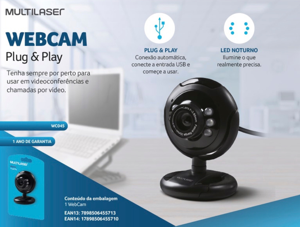 Multilaser Webcam Standard 480p 30Fps Led Noturno c/ Botão Snapshot Microfone Conexão Usb Preto - WC045 - comprar online