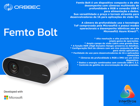 Orbbec Femto Bolt , Sterero Depth Camera , Tecnologia MicroSoft Azure na internet