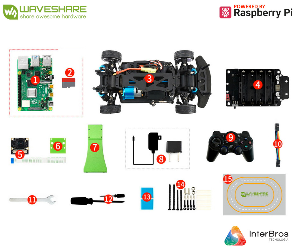 WaveShare PiRacer Pro Version, High Speed AI Racing Robot Powered by Raspberry Pi 4 model B 4GB , Supports DonkeyCar Project - Loja do Jangão - InterBros