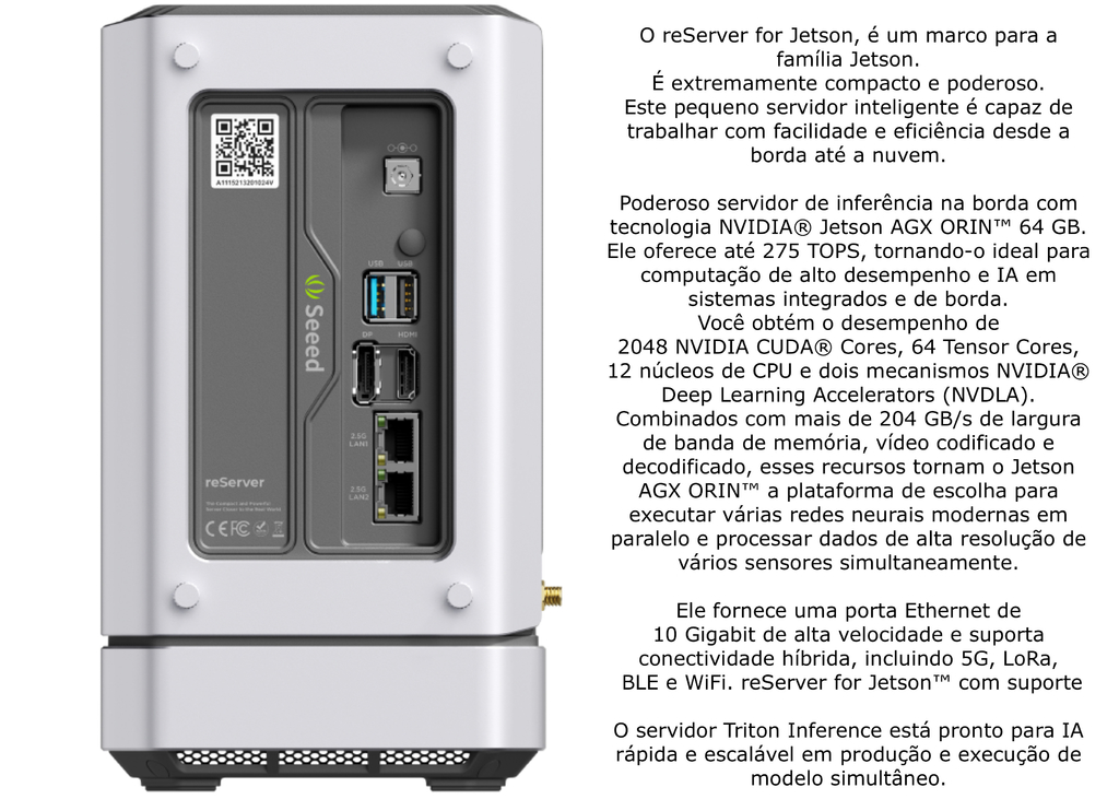 Seeed Studio eServer J5014 | Servidor Edge AI Device com Nvidia Jetson AGX Orin 64GB | 275 TOPS | 256GB NVME SSD | 10 Gigabit Ethernet port | 5G | Conectividade Híbrida LoRa, BLE, WiFi | Support Triton Inference Server and Jetpack | Pronto para Complexas Operações Edge AI - comprar online