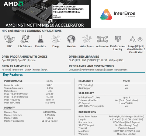 Imagem do AMD Instinct MI210 Graphic Card - 64 GB HBM2e - 2x Slot - PCIe 4.0 - 1.6 GHz - 100-300000008H