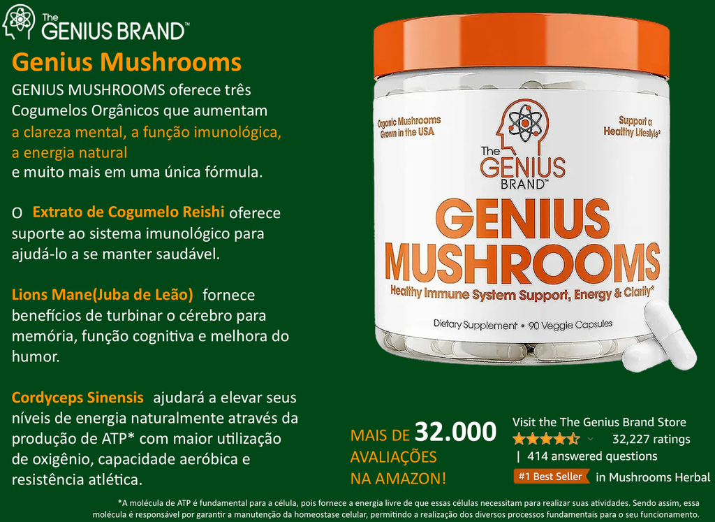 Genius Mushroom Cogumelos Lions Mane (Juba de Leão), Cordyceps e Reishi Suplemento Nootrópico 90 Cápsulas Vegetais na internet