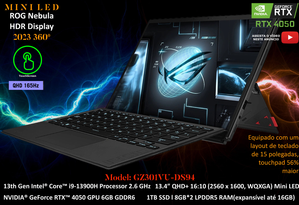 ASUS ROG Flow Z13 2023 GZ301VU-DS94 , Laptop Tablet , 13.4" 165Hz QHD+ WQXGA 100% DCI-P3 Gaming Laptop NVIDIA GeForce RTX 4050 6GB GDDR6 Core i9-13900H - comprar online