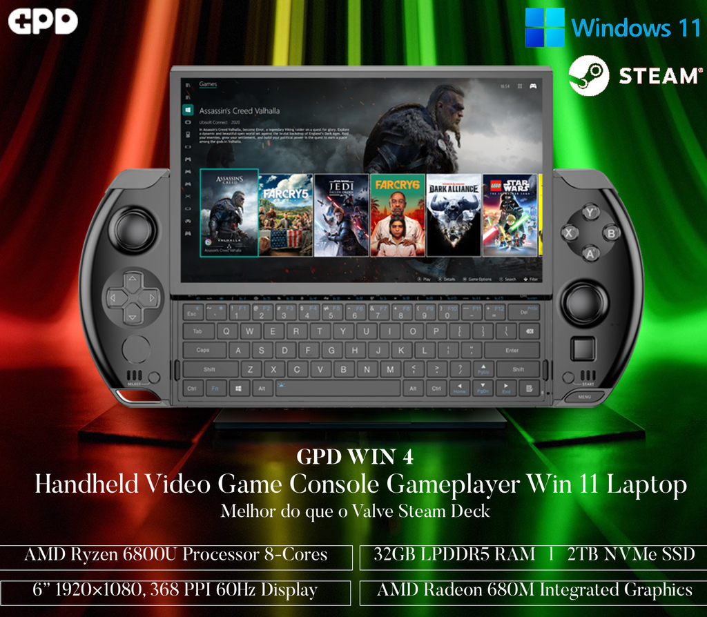 GPD WIN 4 l + Dock Station l Gaming Laptop Handheld l Console Laptop Gamer l 4.70 GHz AMD Ryzen 7 6800U 8-cores l 6" Touchscreen 1920 × 1080 Gorilla Glass 60Hz Display l 32GB LPDDR5 Quad 32-bit Channels RAM l 2TB M.2 PCIe 3.0 SSD l AMD Radeon 680M Integrated Graphics l O primeiro console deslizante WIN11 de games portátil do mundo - comprar online