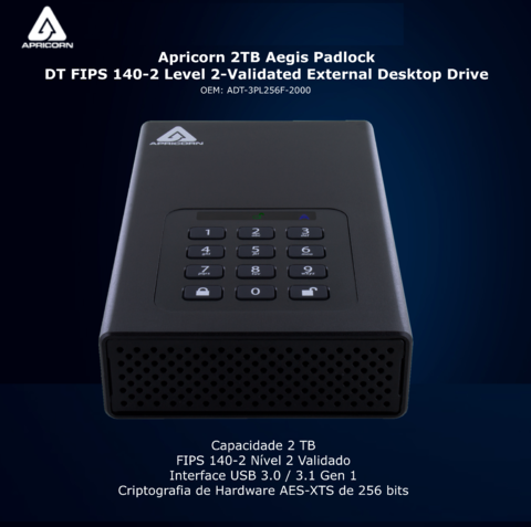Apricorn 2 TB | USB 3.0 Hard Drive | Aegis Padlock AES-XTS 256-Bits | Disco Rígido Desktop | Criptografia de Grau Militar - comprar online