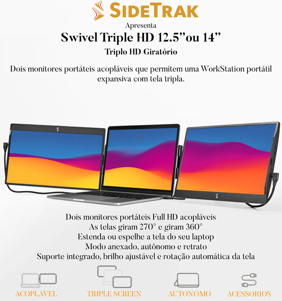 SideTrak Swivel 14” Attachable Portable Monitor for Laptop l Extensor Portátil l Triplo Monitor l FHD IPS USB l Tela Dupla com Suporte l Compatível com Mac, PC e Chrome | Adapta-se a todos os tamanhos de laptop - comprar online