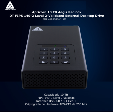Apricorn 10 TB | USB 3.0 Hard Drive | Aegis Padlock AES-XTS 256-Bits | Disco Rígido Desktop | Criptografia de Grau Militar na internet