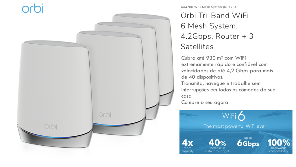 Netgear Orbi RBK754 AX4200 Tri-Band Mesh Wi-fi6 Cobertura de até 930 m² | Suporta até 40 Dispositivos | Velocidades de Até 4,2 Gbps na internet