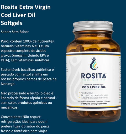 Rosita Extra Virgin Cod Liver Oil Softgels, Suplemento Alimentar Premium, Puro Óleo Extra Virgem de Fígado de Bacalhau, Made in Noruega - Loja do Jangão - InterBros