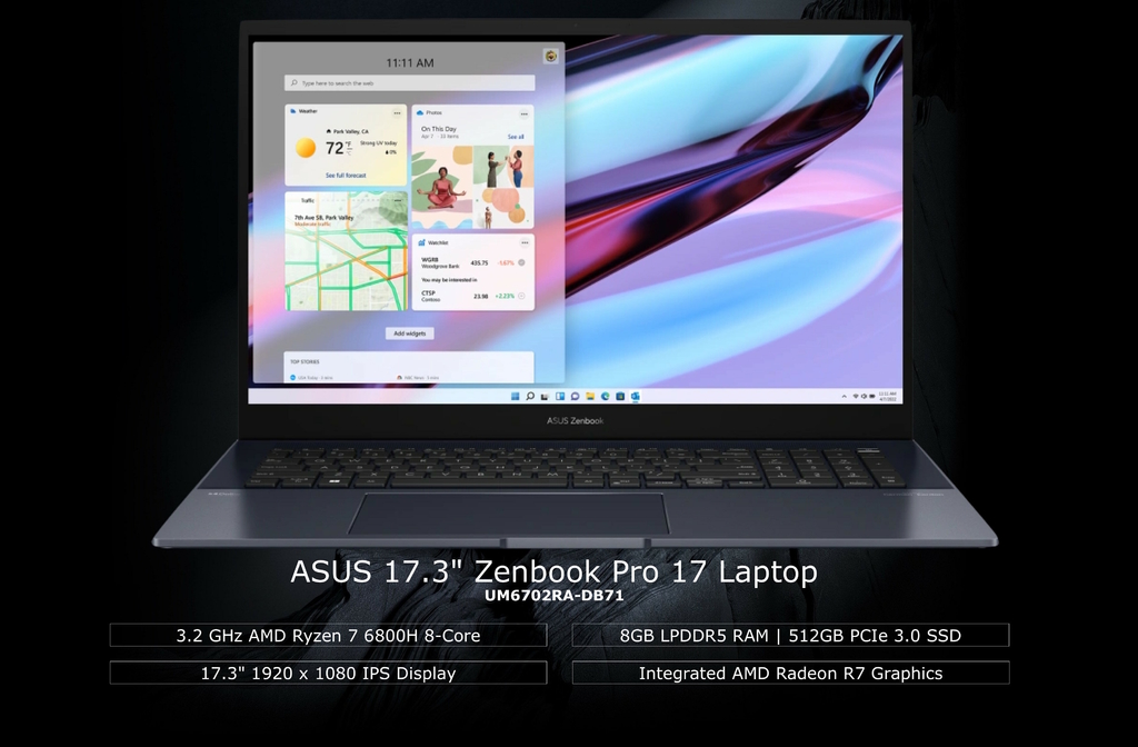 ASUS Zenbook Pro 17 Laptop, 17.3” Pantone Validated Display, AMD Ryzen 7  6800H CPU, AMD Radeon Graphics, 8GB RAM, 512GB SSD, WiFi 6E, Windows 11  Home