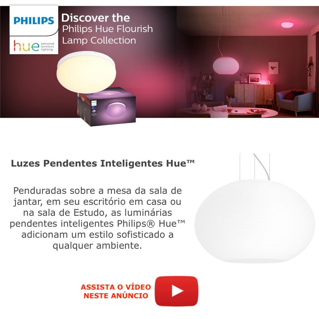 Philips Hue White & Color Ambiance Flourish Ceiling Light l 2ª Geração l Luminária de Teto Inteligente Plafon l Bluetooth e WiFi l Alto Fluxo Luminoso 2.250 lumen l LED Integrado l Compatível com Alexa, Apple Homekit & Google Assistant | Funciona com Bluetooth e/ou com a Hue Bridge na internet