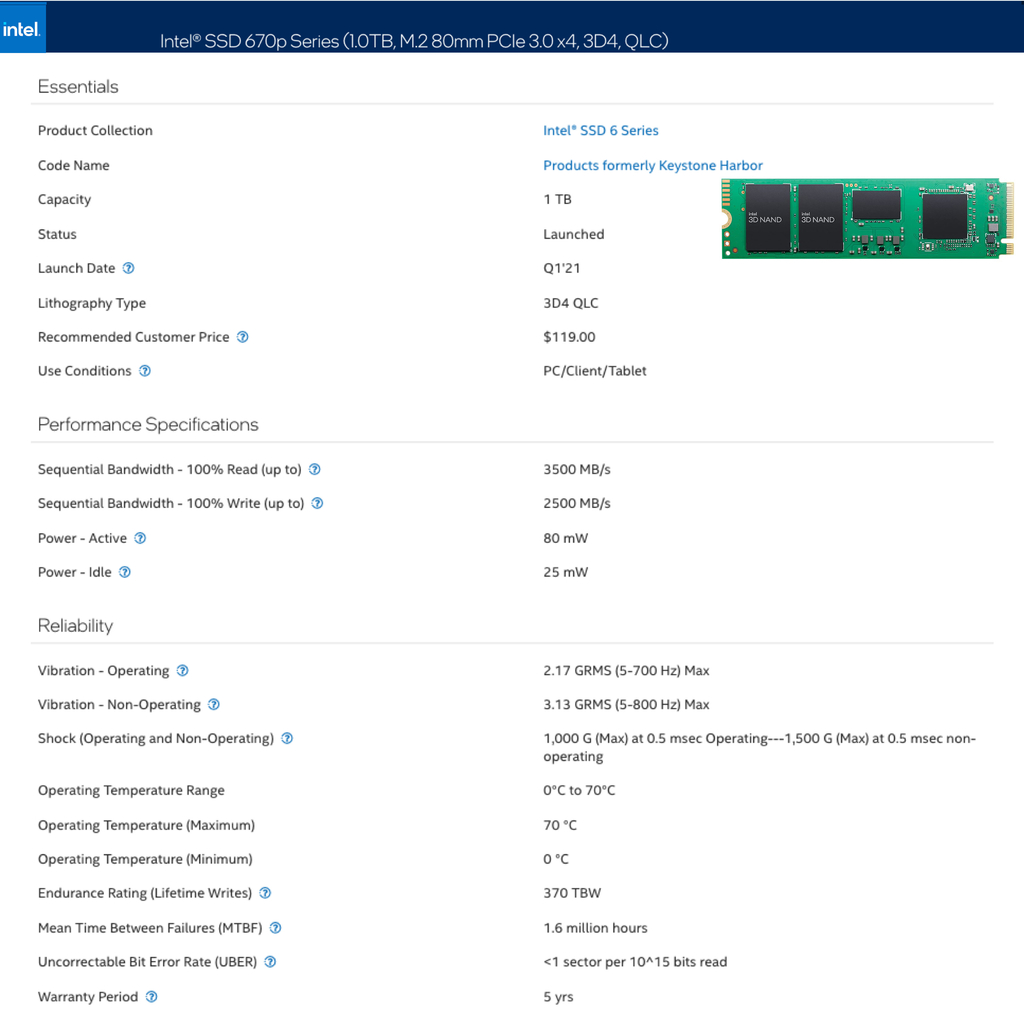 Intel 670P NVME M.2 | Internal SSD | Velocidades de até 3500 MB/s | 1TB en internet