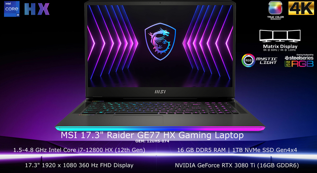 MSI 17.3" Raider GE77 HX Gaming Laptop 360 Hz FHD Display 16 GB RAM 1TB SSD GeForce RTX 3080 Ti - comprar online