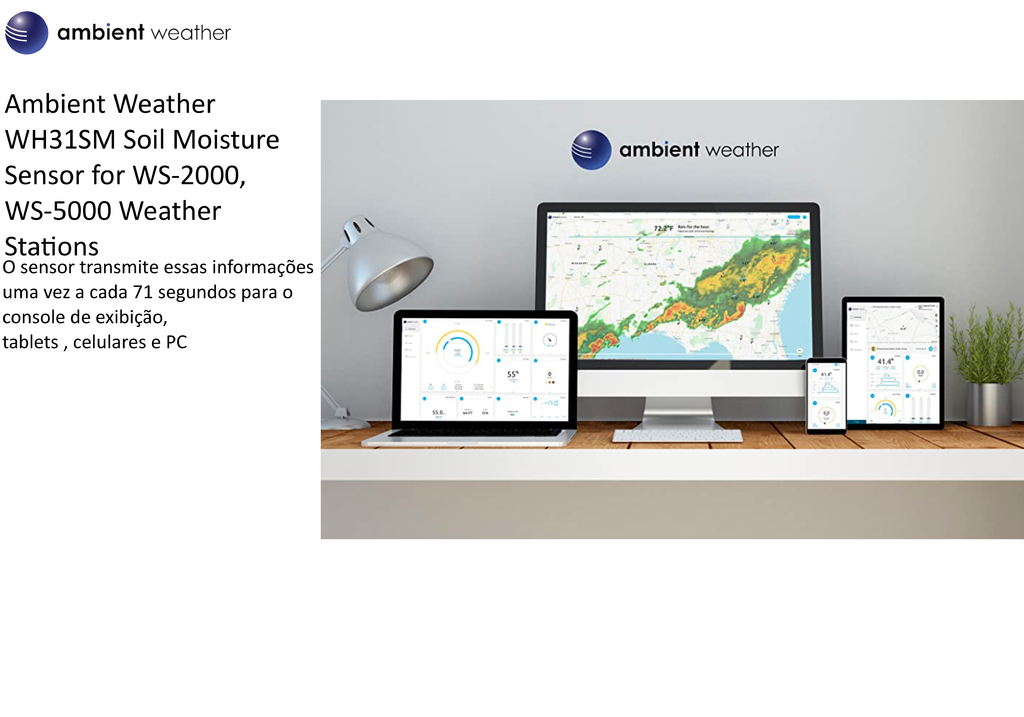 Imagen de Ambient Weather Estação Metereológica WS-2902 WiFi & Internet Conectada + Sensor de Raios + Sensor de Umidade do Solo