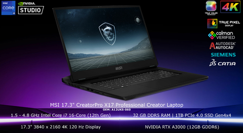 MSI CreatorPro X17 17.3" Professional Creator Laptop l Estação de Trabalho Poderosa l Orientada para o Desempenho l 1.5 - 4.8 GHz Intel Core i7 12800 HX 16-Cores (12th Gen) l 17.3" 3840 x 2160 4K 120 Hz Display l 32 GB DDR5 RAM | 1TB PCIe 4.0 SSD Gen4x4 l NVIDIA RTX A3000 (12GB GDDR6) l Solução de Alto Nível l Arquitetos, Programadores , Designers, Engenharia e Criação aeroespacial, IA, VR, Simulação CAE e Renderizações 3D l A12UKS-060 - buy online