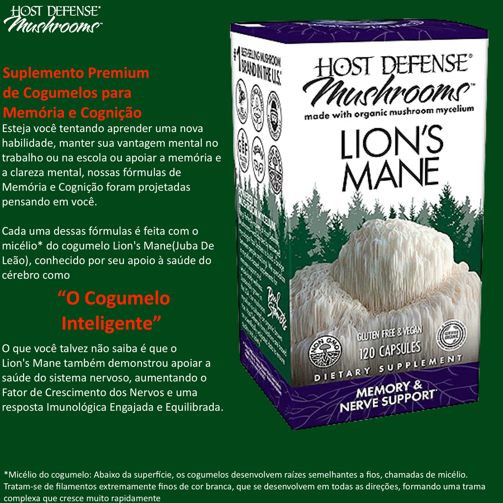 Host Defense Lion's Mane (Juba de Leão) Capsules Promove Clareza Mental, Foco e Memória Suplemento de Cogumelo 120 Cápsulas - comprar online