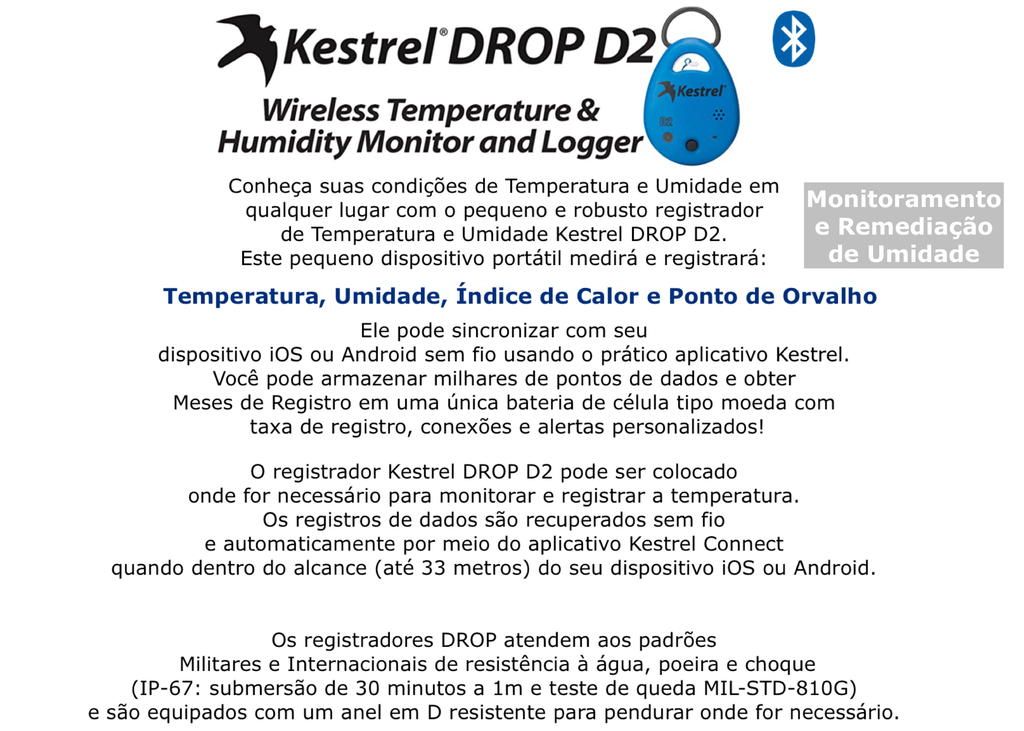 Kestrel Drop 2 Smart Humidity Data Logger | Monitoramento e Remediação de Umidade | Robusto e Durável | Controle de Insalubridade | Construção Civil | Sistemas HVAC | Derramamento e Colocação de Concreto | Pintura e Revestimento, Manutenção de Pontes - comprar online