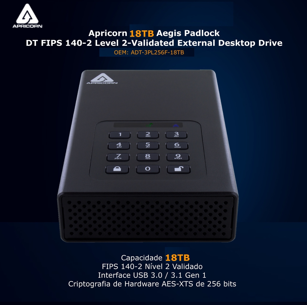 Apricorn 18 TB | USB 3.0 Hard Drive | Aegis Padlock AES-XTS 256-Bits | Disco Rígido Desktop | Criptografia de Grau Militar na internet