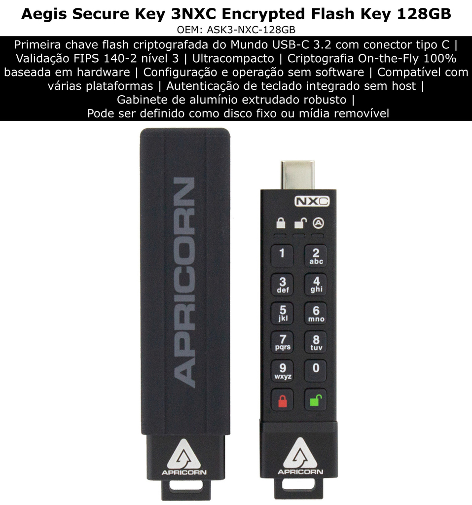 Apricorn Aegis Secure Key 3NXC 128GB | USB Flash Drive | Super Velocidade USB-C 3.2 Robusto | FIPS 140-2 256-Bits | Modo Administrador e Usuário Separados | Primeira Chave Flash Criptografada do Mundo | KIT2 - buy online