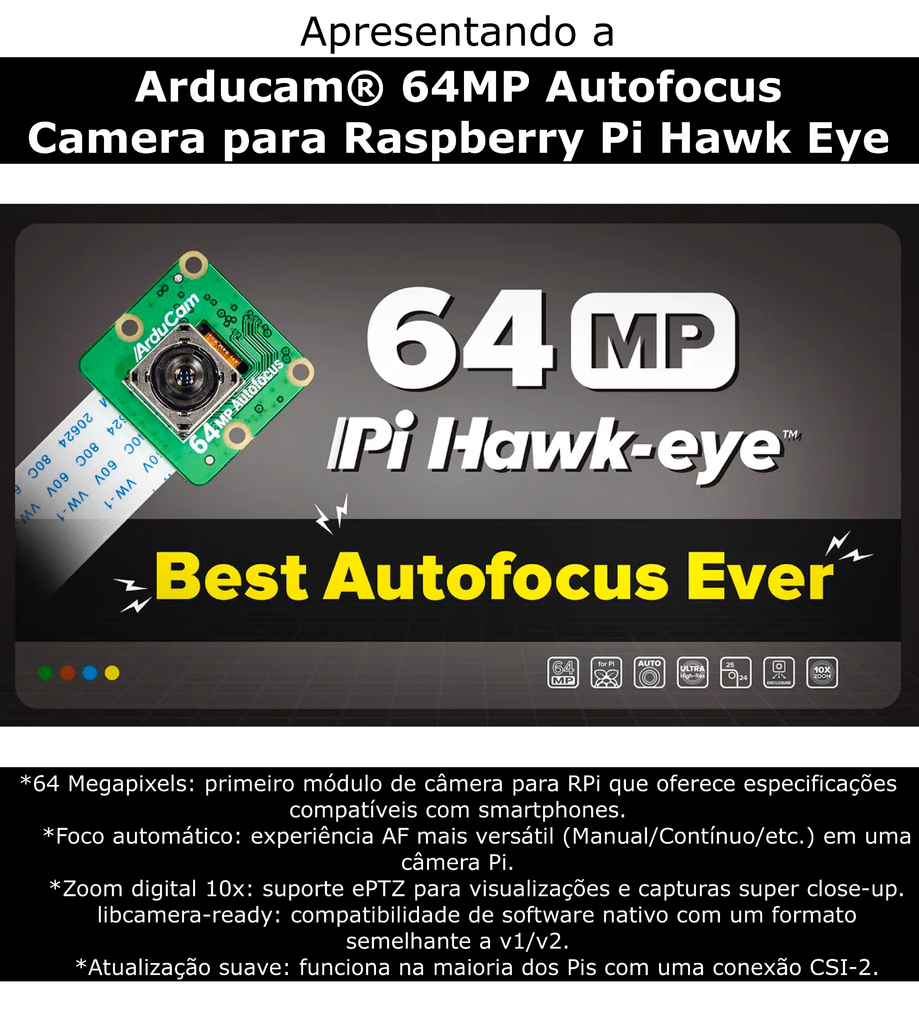 Arducam 64MP Ultra High-Resolution Autofocus Camera Module for Raspberry Pi, Compatible with Raspberry Pi & Smart Phones, B0399 - comprar online