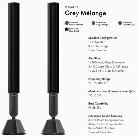 Bang & Olufsen Beolab 28 l Grey Melange l Wireless Stereo Speakers for Home Cinema l Som Estéreo de Grau de Estúdio l Aparências Elegantes l Grave Poderoso l 1.250 Watts l Wi-Fi & Bluetooth l Chromecast & Google Assistant Integrados l Compatível com Apple 2 & Spotify Connect l Recomendado para áreas de 15m² até 50m²