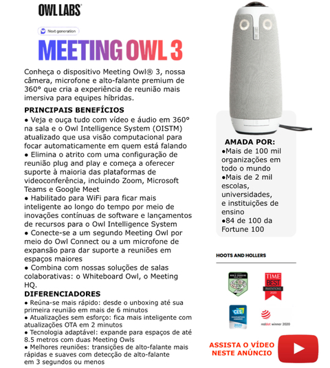 Owl Labs Meeting Owl 3 , 360° 1080p , Câmera de Videoconferência Inteligente - Loja do Jangão - InterBros