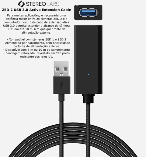 Stereolabs ZED 2 USB 3.0 Active Extension Cable 10 mts | Compatível com as câmeras ZED 1 e ZED 2 | Retardante de chama | Resistência ao óleo | Resistência ao Frio | Propriedades Antienvelhecimento - comprar online