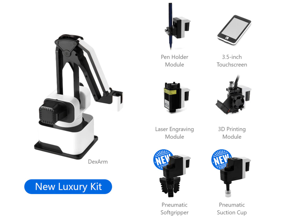 Imagem do Rotrics Dexarm All-in-one Desktop Robot Arm , Braço Robótico Versátil de Mesa Tudo-em-um , Gravador a Laser, Cortador a Laser , Impressora 3D , e Suporte para Caneta , Alta precisão e expansibilidade