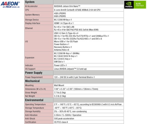 AAEON ASUS BOXER-8623AI , Computador Industrial , NVIDIA® Jetson Orin(TM) Nano 8GB na internet