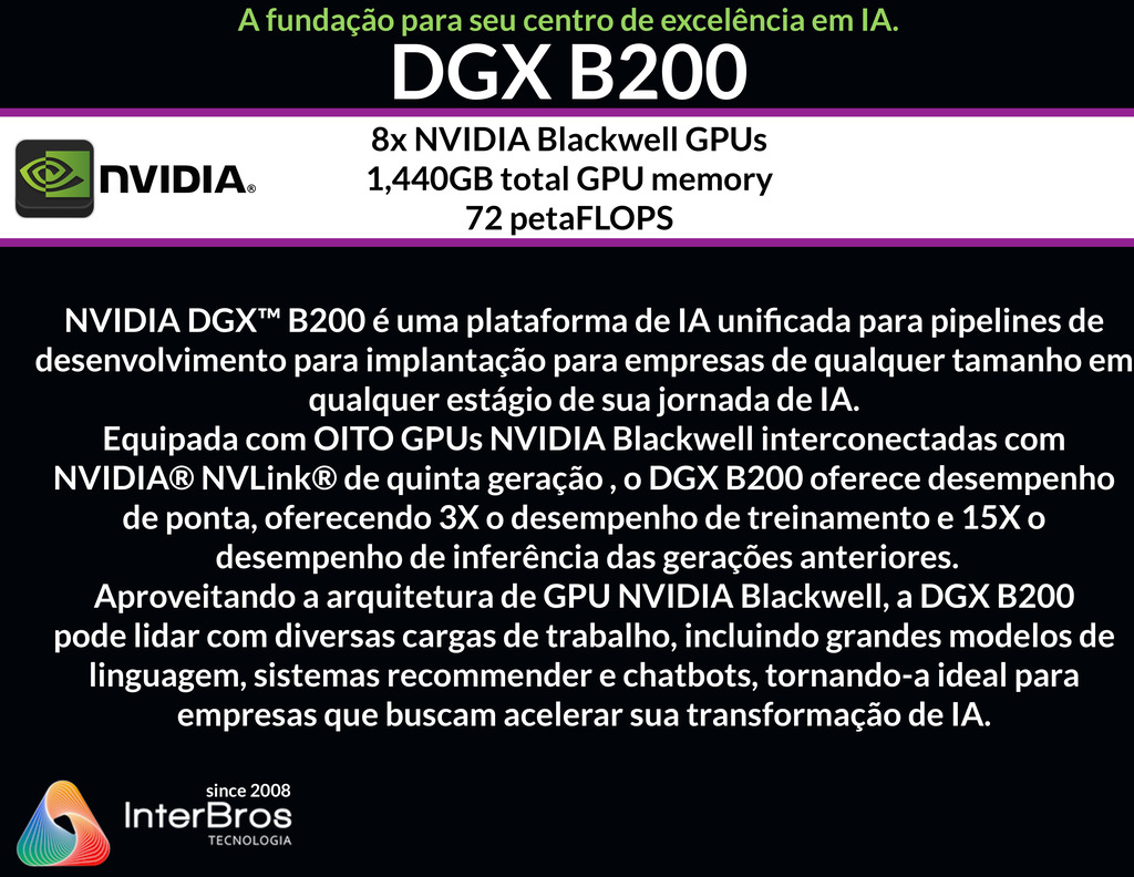 NVIDIA DGX B200 1.440GB , 8x NVIDIA Blackwell GPUs , 72 petaFLOPS - Loja do Jangão - InterBros