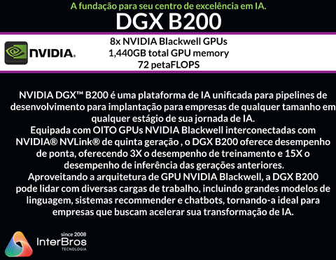 NVIDIA DGX B200 1.440GB , 8x NVIDIA Blackwell GPUs , 72 petaFLOPS - Loja do Jangão - InterBros