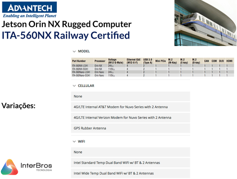 Advantech ITA-560NX Jetson Orin NX Rugged Computer Railway Certified , EN 50155 & EN 50121 Railway Power Standard - Loja do Jangão - InterBros