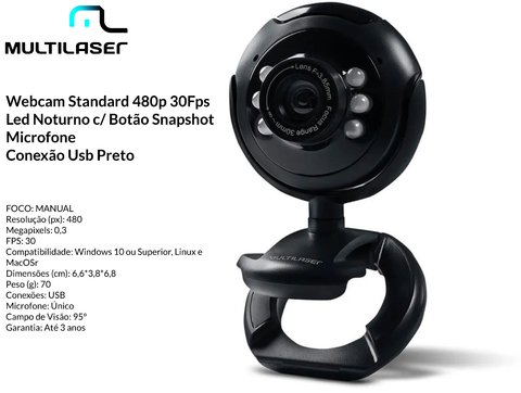 Multilaser Webcam Standard 480p 30Fps Led Noturno c/ Botão Snapshot Microfone Conexão Usb Preto - WC045 na internet