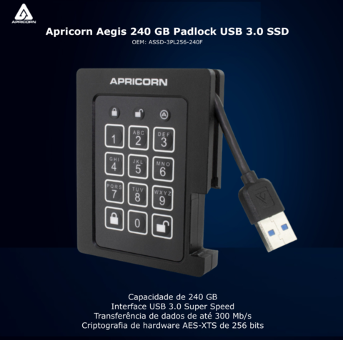 Apricorn Aegis 4 TB Padlock | SSD Portátil | USB 3.0 Robusto | Aegis Padlock FIPS 140-2 256-Bits | Criptografia de Grau Militar - Loja do Jangão - InterBros
