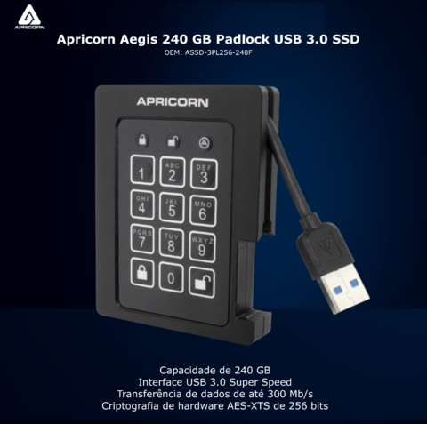 Apricorn Aegis 1 TB Padlock | SSD Portátil | USB 3.0 Robusto | Aegis Padlock FIPS 140-2 256-Bits | Criptografia de Grau Militar - Loja do Jangão - InterBros