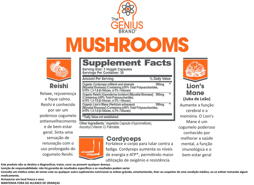 Genius Mushroom Cogumelos Lions Mane (Juba de Leão), Cordyceps e Reishi Suplemento Nootrópico 90 Cápsulas Vegetais - tienda online