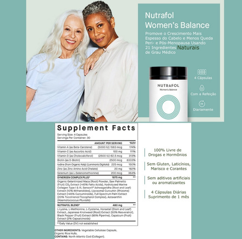 Nutrafol Women Balance Suplemento Capilar | 100% Natural | Para Cabelos Mais Grossos e Fortes | Durante a Peri e Pós-Menopausa | Kit2 | 240 cápsulas en internet