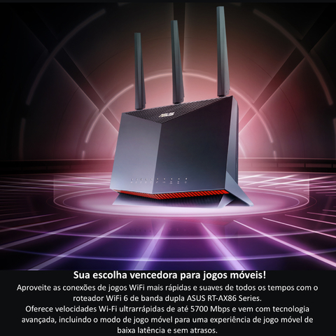 Imagem do ASUS RT-AX86U AX5700 Wireless Dual-Band Gigabit Gaming Router l Roteador Gamer l Projetado para games online e móveis l 2 portas USB 3.2 l Cobertura de até 600 m² l Incluída Segurança de Internet Vitalícia l Compatível com PS5