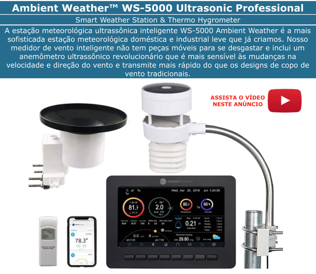 Ambient Weather WS-5000 Estação Metereológica Ultrassônica WiFi | Sensor Detector de Raios e Tempestades | Case Outdoor de Proteção para o Higrômetro | Alcance de 300 metros | Compatível com Alexa e Google | Internet Conectada - buy online