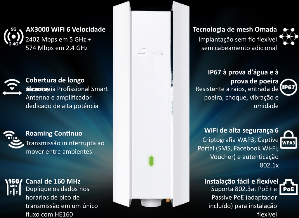 TP-Link EAP650 Mesh Outdoor Omada True WiFi6 AX3000 Gigabit IP67 , Pronto para uso comercial, Alcance de até 300 mts na internet