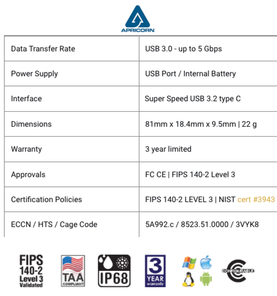 Apricorn Aegis Secure Key 3NXC 128GB | USB Flash Drive | Super Velocidade USB-C 3.2 Robusto | FIPS 140-2 256-Bits | Modo Administrador e Usuário Separados | Primeira Chave Flash Criptografada do Mundo - loja online